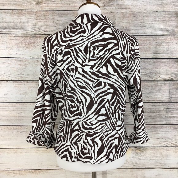 David N Linen Blend Top Button Up Peplum Waist Short Animal Print Women's M - Picture 3 of 7